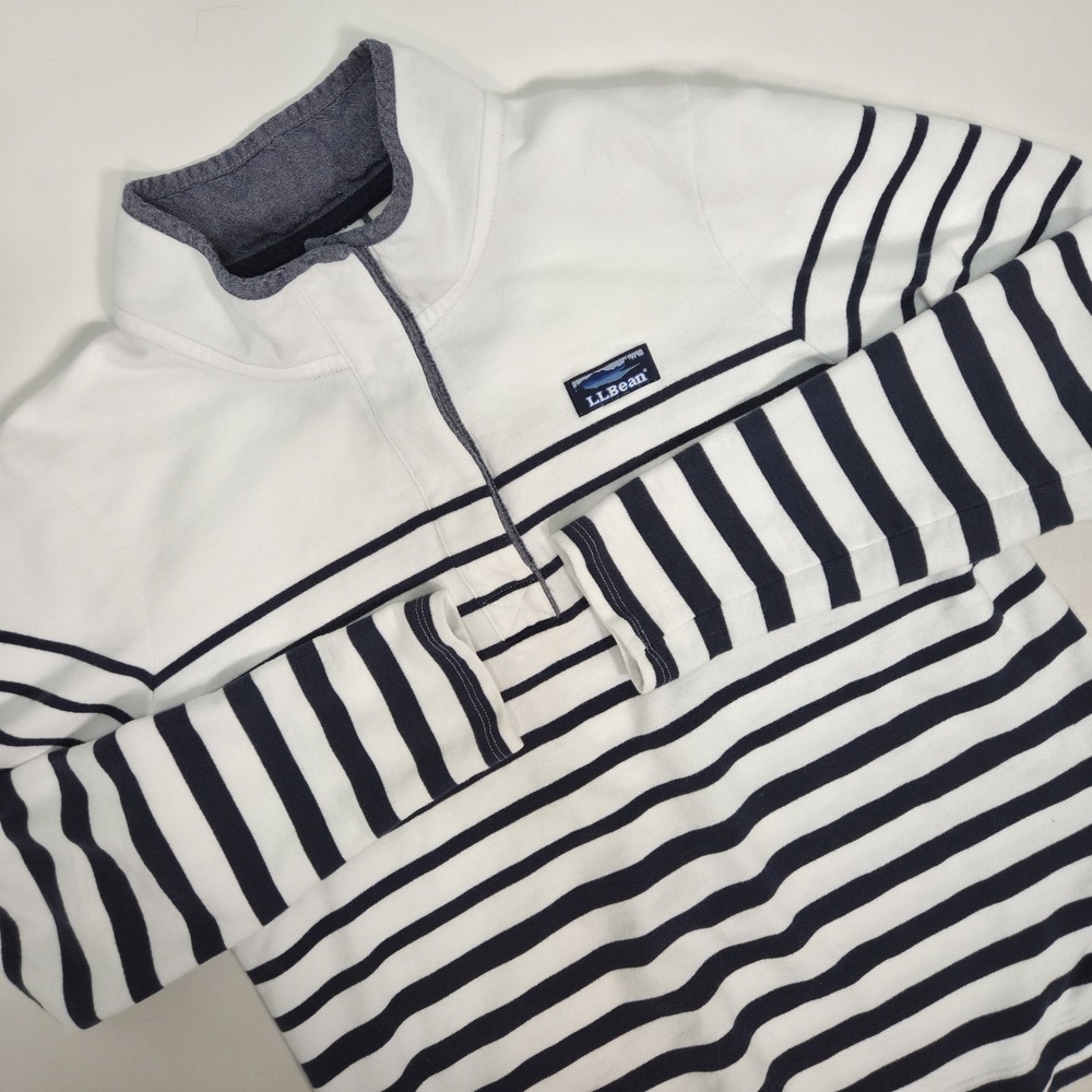 LL Bean Striped Rugby Henley 1/4 Button Pullover Shirt Womens M Cream Navy Blue